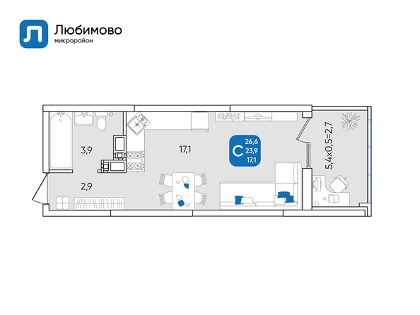 Планировка 1-комн 26,6 м²