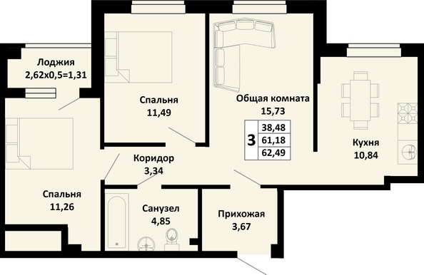 Планировка 3-комн 62,49 м²