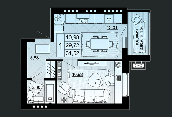 Планировка 1-комн 31,52 м²