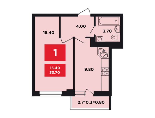 Планировка 1-комн 33,7 м²