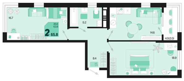 Планировка 2-комн 65,8, 66,7 м²