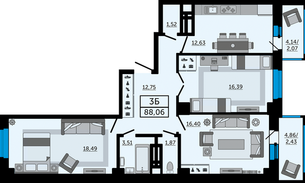 Планировка 3-комн 88,06 м²