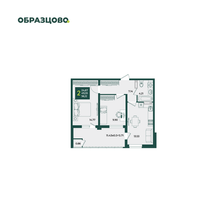 Планировка 2-комн 56,12 м²