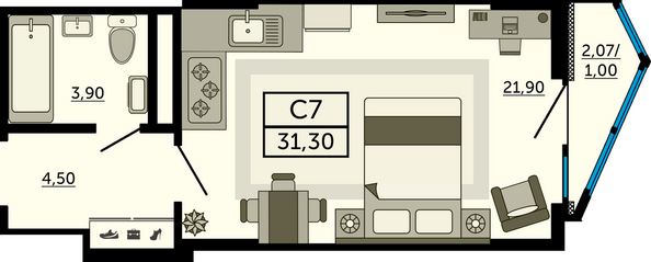 Планировка Студия 31,39 м²