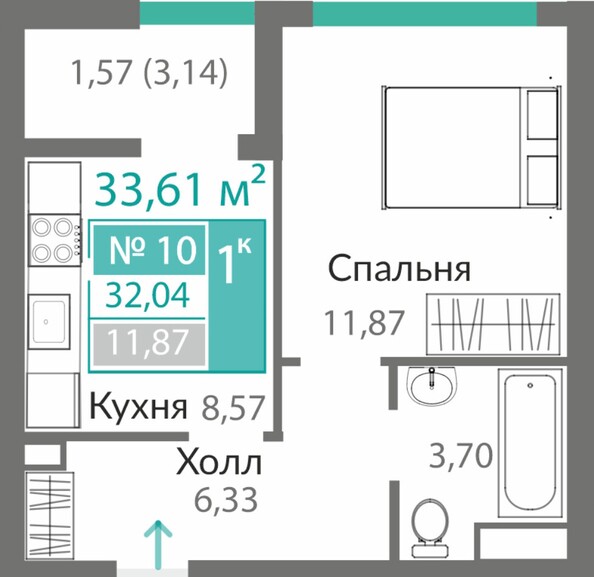 Планировка 1-комн 32,04 м²