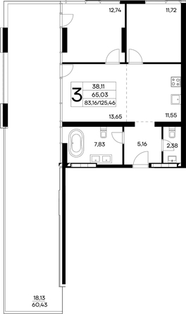 Планировка 3-комн 125,46, 125,96 м²