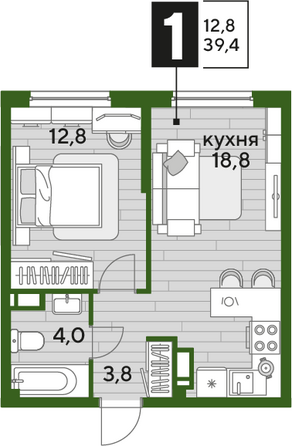 Планировка 1-комн 39,4 м²