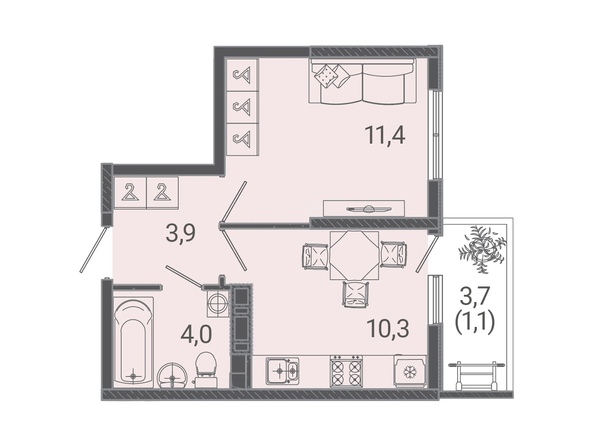 Планировка 1-комн 30,7 м²