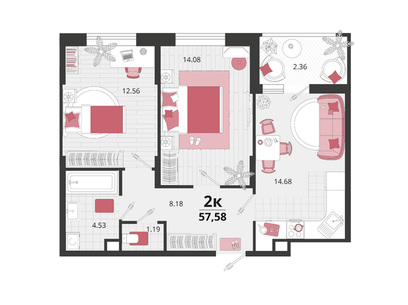 Планировка 2-комн 57,58 м²