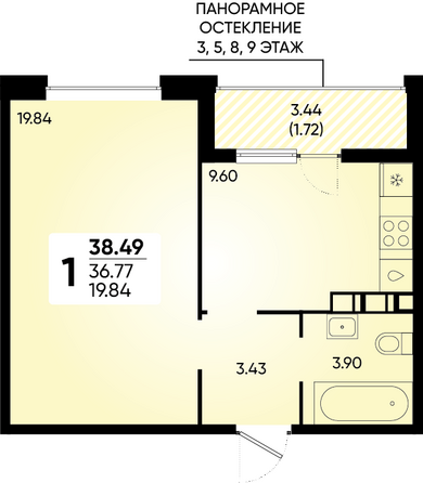 Планировка 1-комн 38,49 м²