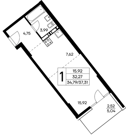 Планировка 1-комн 37,31 - 37,91 м²