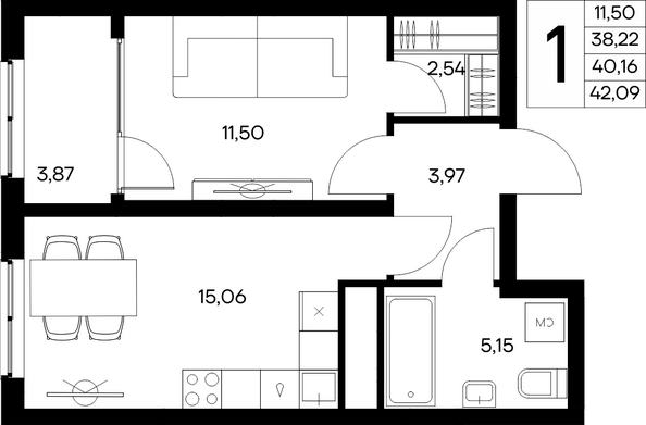Планировка 1-комн 42,09 м²