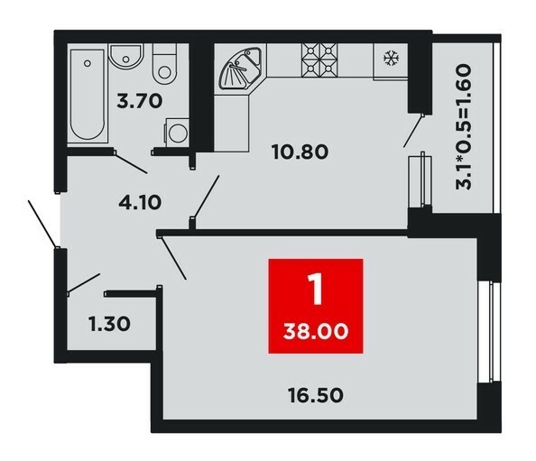 Планировка 1-комн 38, 38,2 м²