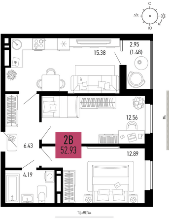 Планировка 2-комн 52,93 м²