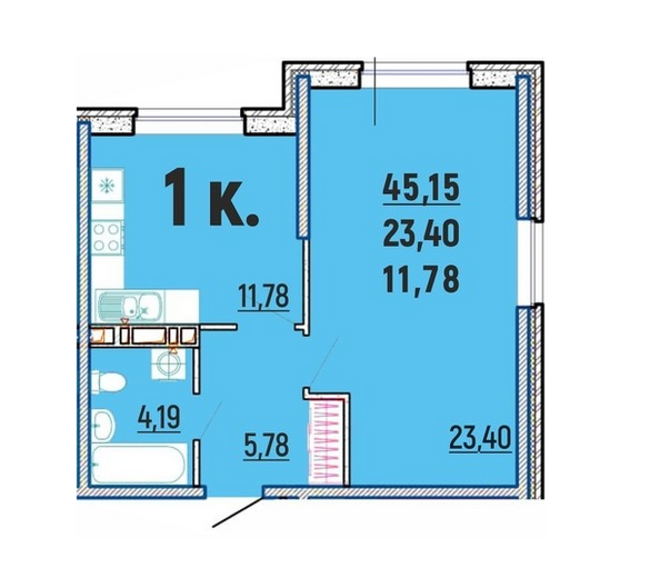 Планировка 1-комн 45,15 м²