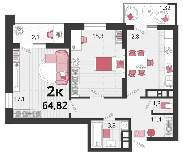 Планировка 2-комн 64,82 м²