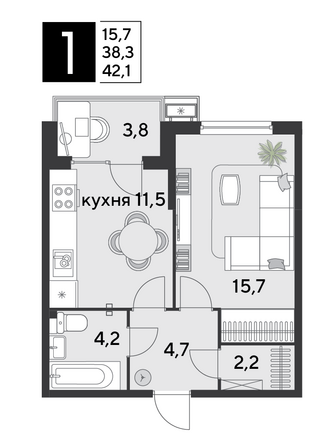 Планировка 1-комн 42,1 м²