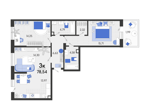 Планировка 3-комн 78,54 м²