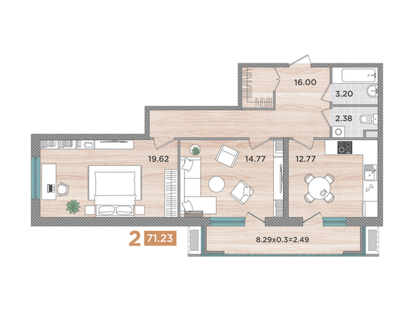 Планировка 2-комн 71,23 м²