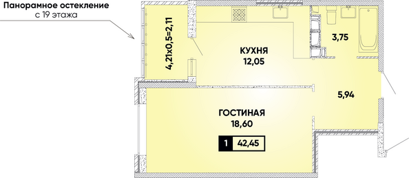 Планировка 1-комн 42,45 м²