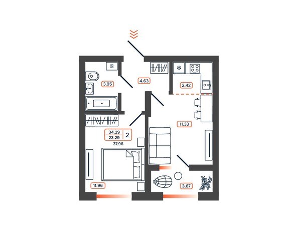 Планировка 2-комн 37,94, 37,96 м²