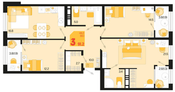 Планировка 3-комн 91,2, 92,8 м²