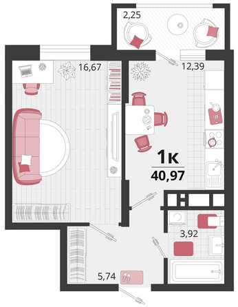 Планировка 1-комн 40,97 м²