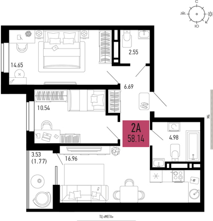 Планировка 2-комн 58,14 м²