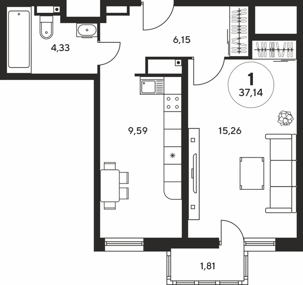 Планировка 1-комн 37 - 37,27 м²