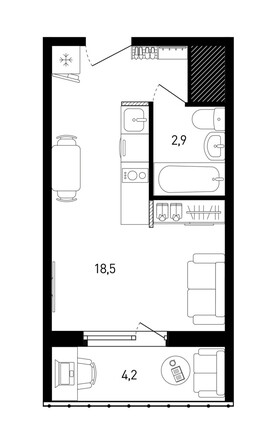 Планировка Студия 20,7, 22,7 м²