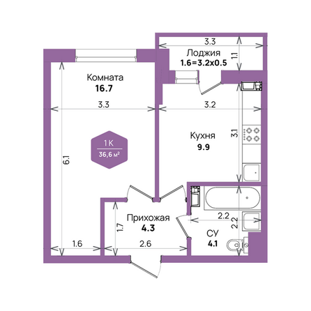 Планировка 1-комн 36,6, 37 м²