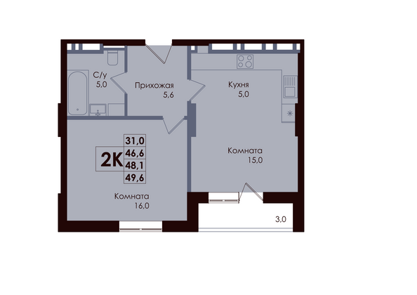 Планировка 2-комн 48,1 м²