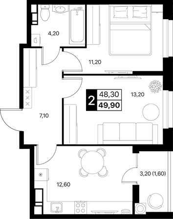 Планировка 2-комн 49,9, 50,2 м²
