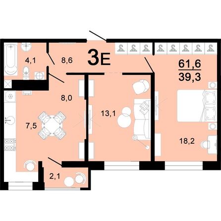 Планировка 3-комн 61,6 - 62,3 м²
