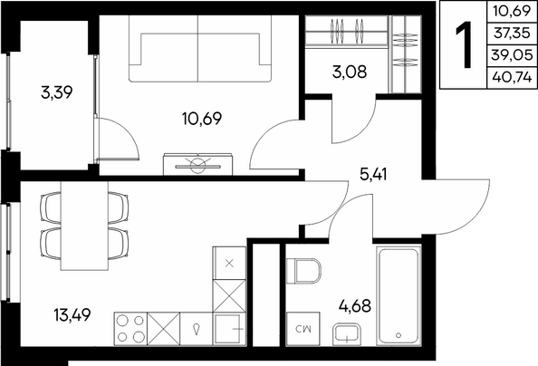 Планировка 1-комн 40,74 м²