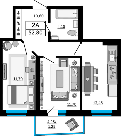 Планировка 2-комн 52,65, 52,8 м²