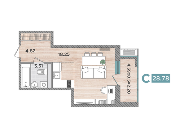 Планировка Студия 22,78 м²