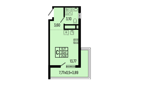 Планировка Студия 24,36 м²