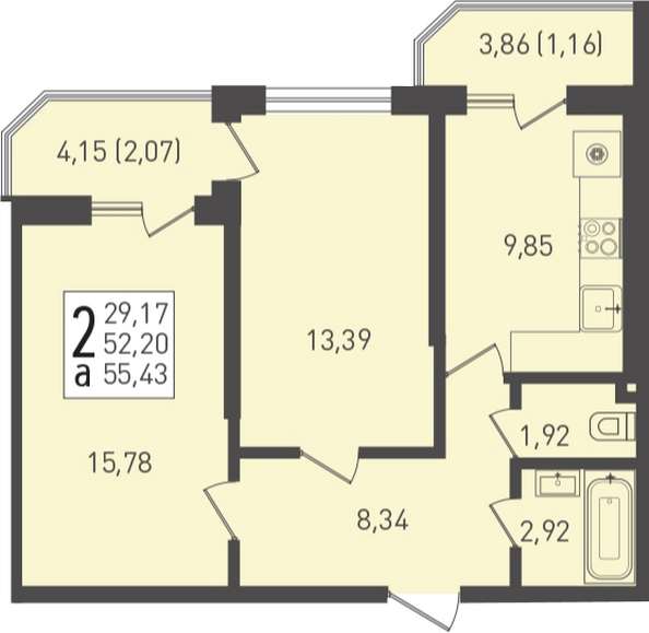 Планировка 2-комн 55,43 м²