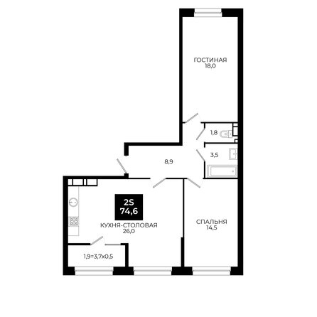 Планировка 1-комн 74,6 - 75,4 м²