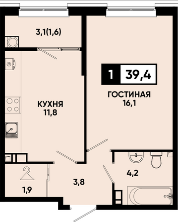 Планировка 1-комн 39,4, 39,8 м²