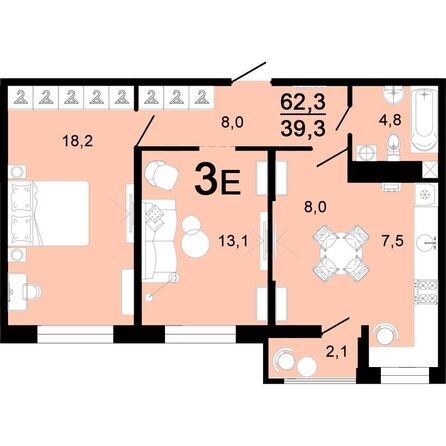 Планировка 3-комн 61,6, 62,3 м²