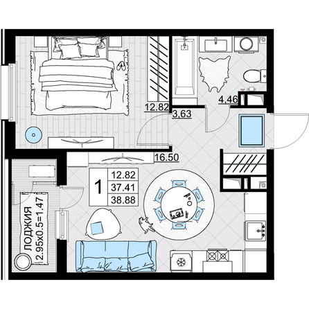 Планировка 1-комн 38,88 м²