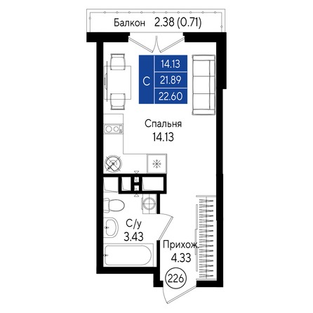 Планировка Студия 22,6, 23,29 м²