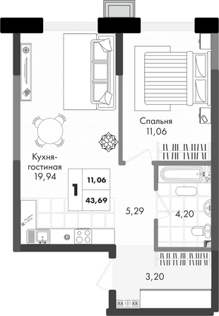 Планировка 1-комн 43,69 м²