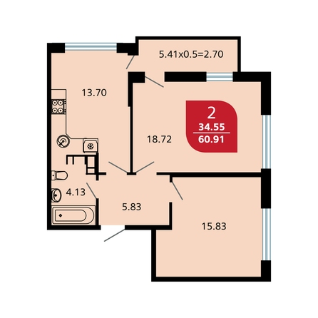 Планировка 2-комн 60,91 м²