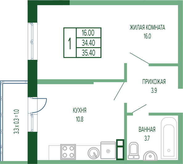 Планировка 1-комн 35,4, 35,6 м²