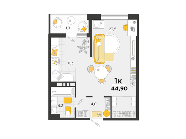 Планировка 1-комн 44,9 м²