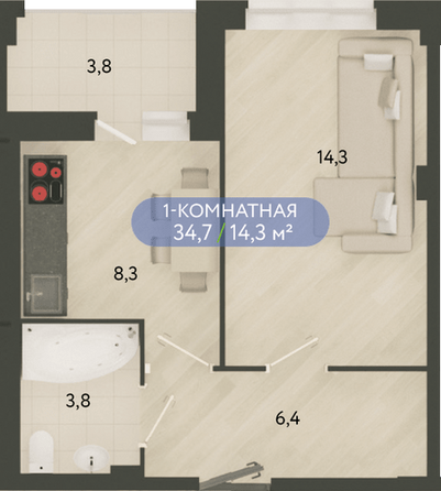 Планировка 1-комн 34,7 м²