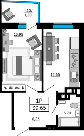 Планировка 1-комн 39,4, 39,65 м²